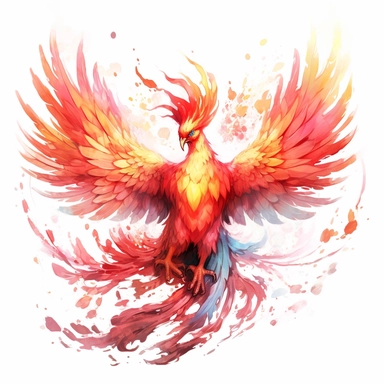 a fairy phoenix with glowing red lights on his eyes, fantasy creatures, watercolor, manhwa character design, master of flames, dark red and light yellow, orange, anime aesthetic, 2d game art,clipart, on white background,