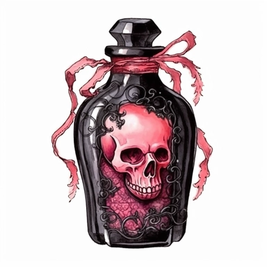 Vintage Halloween poison bottle, dark pink and black color, watercolor, clipart, illustration, white background