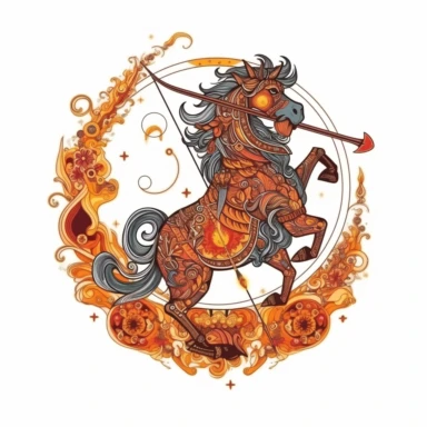 old style fire sagittarius zodiac, vector design illustration, in the style of detailed heavy metal embroidery, hand-painted details, Horoscope Clipart, isolated white background