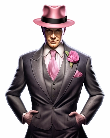 detailed hansome man facing me with vintage hat with pink rose dressed in a vintage suit, hyper realistic, isolated on white backgorund, clipart