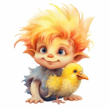a watercolor, cute troll, hair standing up, yellow hair, little nose, precious moments, adorable, holding baby chicken, summer, clip art, contrasting colors, white background.
