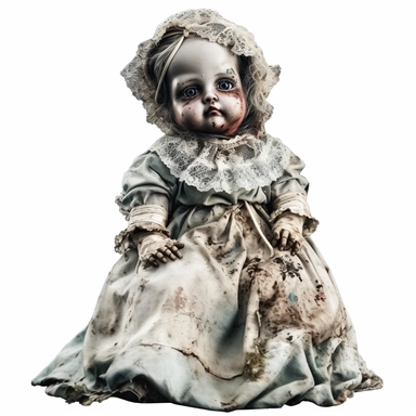 clipart image, cursed creepy porcelain baby doll, gothic colors, Victorian clothes, distressed, isolated white background, 8k