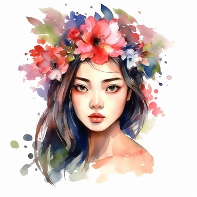 watercolor style, asian-origin girl with flowers on her head clipart, isolated on white background, hd ar 32:40
