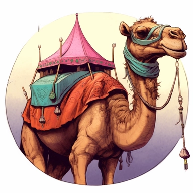 camel with tent howdah, C. M. Russell Josh Kirby Mad Max Lord of the Rings, enamel punk zine indie retrowave, clipart illustration, circular solid background circular border