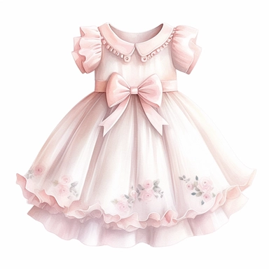 Create a charming watercolor clipart of a baby girl's dress in soft pastel pink on a white background. Emphasize the dress's intricate detailing and soft textures to portray the delightful and adorable garment.