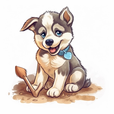 Alaskan Malamute, cartoon clipart, wathercolor of art adorably puppy on white background, simple and Adorable little puppy sitting on the ground with a bone in its mouth, big eyes and a friendly expression, cleaning