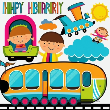 Create a colorful and fun clipart that represents a journey halfway through! Think of different modes of transportation such as a train, plane, or car, and include some happy passengers on board. You can also add some landmarks or scenery to show that the journey has been happening for a while. Make sure your clipart is bright, cheerful, and encourages kids to keep going until they reach their destination!