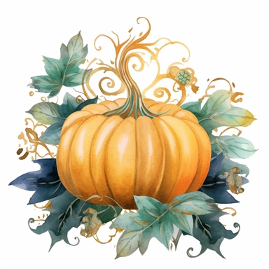 Watercolor pastel velvet boho pumpkin with gold ornate watercolor sitting on pumpkin leaves white background. clipart