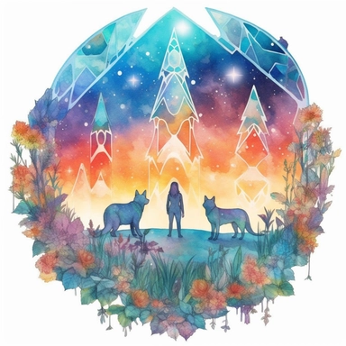 Watercolour style Cosmic Wolves clipart , double exposure, dreamy color, anime style, ghibli , trippy , planet , stars, epic, flowers, Phantasmal Iridescent