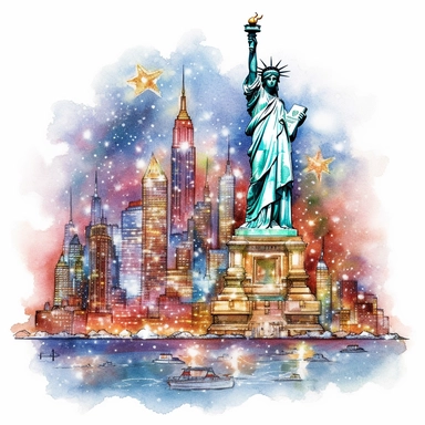 Christmas eve in New York, style by Thomas Kinkade, statue of liberty in background, watercolor, smooth gradients, black contour outline, ultra detailed, clipart elements, vibrant colors, solid white background, super clear, high quality