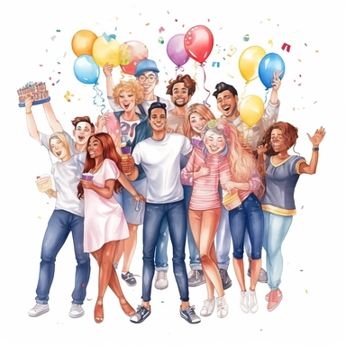 watercolor, Happy cartoon people having fun at a birthday party Concept of Friends characters celebrating a holiday isolated on white. Collection of smiling festive men and woman png Full body realistic cartoon in 32K UHD cute. 15 cm thick outline. Black color. There was no shadow on the ground. 8k with realistic watercolors and detailed illustrations. PNG clipart, transparent white background