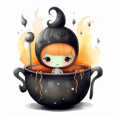 , A watercolor painting of cute Halloween cauldron, cute detailed digital art, inspired by nicoletta ceccoli, by Kubisi art, whimsical and cute, by nicoletta ceccoli, cute detailed artwork, glimmering, adorable and whimsical, whimsical art, Clipart style, png style, svg style, blank white background, a solid white background