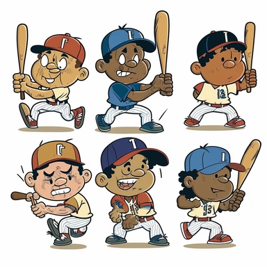 Create a picture of multiple cartoon baseball players showing off their skills, The players should be diverse in terms of their appearance, including skin color, hair style, and body type, clipart images, The image should be colorful and playful, with a white background, clip art, The 3rd render should showcase the excitement and energy of the scene