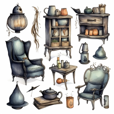 Cute witch furniture, ink and wash, watercolor Clipart, style by Lucy Fleming, watercolor, smooth gradients, black contour outline, ultra detailed, clipart elements, delicate pastel colors, solid white background, super clear, high quality