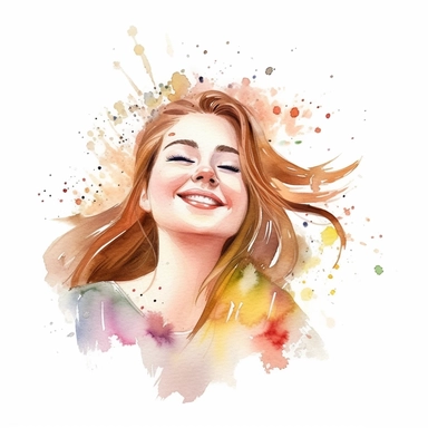 watercolour clipart of a girl , the sweet and scatterbrained dreamer, with a great sense of humor. She immerses herself in the world of digital design, creating exquisite papers for scrapbook albums. Though she may often forget things, her delicate touch and gentle nature shine through her artistry, make her smile and exalted mood, white background, high quality, 8k, f1