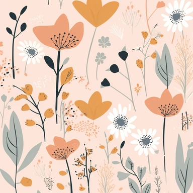 simple floral Pattern | GENRE: digital graphic clipart Art | EMOTION: cheerful | SCENE: A seamless pattern featuring simple digital graphic clipart art flowers in same sizes, with balanced negative space, in a peaceful and dreamy color palette | TAGS: doodle, floral, pattern, simple, cheerful | DESIGN ELEMENTS: Organic shames, bold textures, ample negative space | AESTHETIC: cheerful cartoon | COMPOSITION: Seamless, repeating pattern with a harmonious arrangement of elements and balanced negativ
