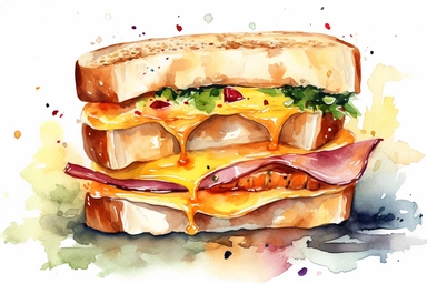 watercolor ham and cheese sandwich with melted cheese clipart art, hd, on white background, spaced out