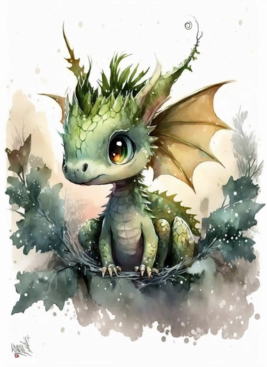 Cute little happy christmas baby dragon with winter greenery on the head and with big eyes and with wings, watercolor by Thomas w. schaller, clipart, solid background, hd