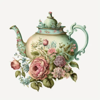 vintage old school pastel teapot, watercolour clipart, floral designs