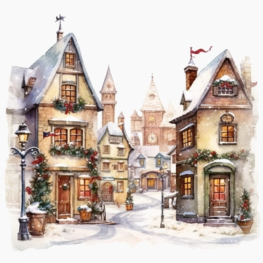 Christmas village clipart, Watercolor, isolated on white background, magical, enchanting, wreaths, snow-covered streets, colorful buildings, sparkling, charming, detailed, glittery, shiny, twinkling lights, festive, ornate, traditional, whimsical, Michael Powell Style, Unreal Engine 5,8K