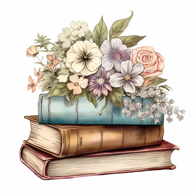 Design a vintage nature and floral style stack of books clipart on a pure white background. Infuse the image with a plethora of flowers and floral elements, such as vines, petals, and leaves. Use a soft color palette consisting of pastel pinks, blues, and greens to create a charming and delicate image. Consider adding small details such as birds or butterflies to add a touch of whimsy and movement to the image. Utilize soft and diffused lighting to create a warm and inviting atmosphere.