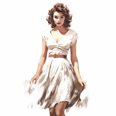 full body. beautiful pretty woman, makeup and hair vintage 50's style, white short dress, paint art style, detail, clipart, white background, superrealistic, one of a kind