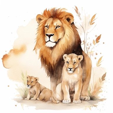 watercolour clipart,father and mother loin and baby lion, rich earth tones, sublimations