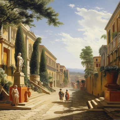 a wide street with pompous roman style houses with gardens with clipped bushes and statues