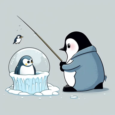 dumb goofy emperor penguin clipart comic fishing near a hole in the ice 8k cute