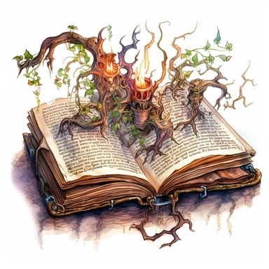 Solid white background, Detailed watercolor open ancient magic book with carnivorous vines swelling from the book's pages clipart. The visable pages of the book have fire etched runes on them visibly.