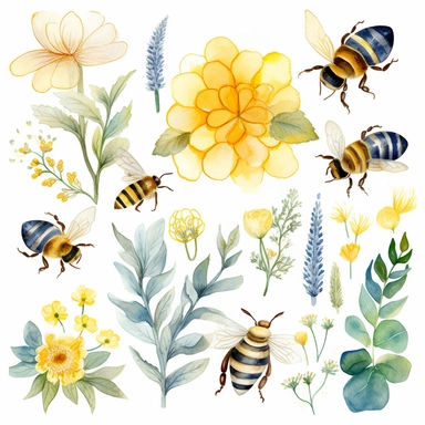 A delightful watercolor clipart set featuring busy bees and intricate honeycombs, painted with delicate brushstrokes that highlight the vibrant colors and gentle details of these charming, nature-inspired elements.