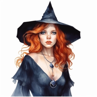 a witch wearing a pointy hat. She must have red hair and blue eyes. The top of her dress is black and the collar a white ruffle. She must be wearing jewelry specifically a pentagram necklace, watercolor, photorealism, clipart, white background