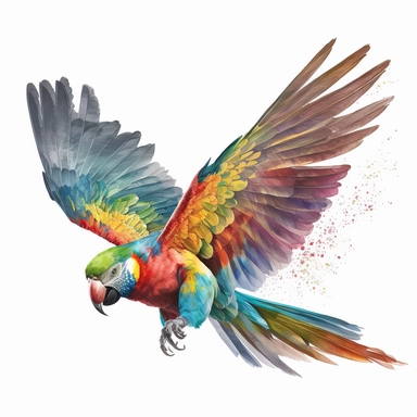 a colourful parrot flying, clipart format, watercolour, full white background