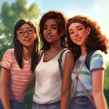 four friends smiling American teenage girls who are white, black and hispanic american at summer camp, hyper realistic, clipart, digital art, 8k, wide shot-- 2:3