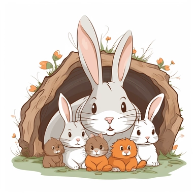 a cartoon clipart of A family of rabbits, including parents and baby bunnies, snuggling together in a cozy burrow
