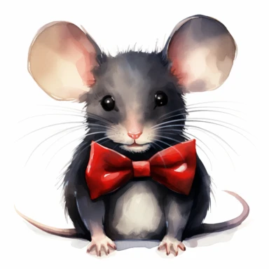 clipart vector image with plain white background of a watercolor painting of a black mouse sleeping. Distinguished. wearing a red bow tie. extremely detailed.