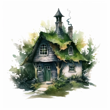 hyperrealistic high detailed green witches cottage in the woods, watercolor clipart, white background
