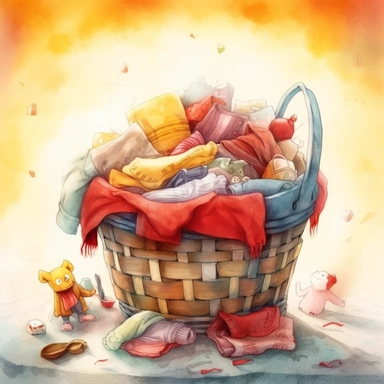 laundry basket, with yellow and red clothing inside, no character, for children`s book illustration style, Watercolor Clipart, strybk, full Illustration, 4k, sharp focus, watercolor, concept art, muted colors, watercolor style, strybk, children's style fairy tales, . Octane rendering, 3d
