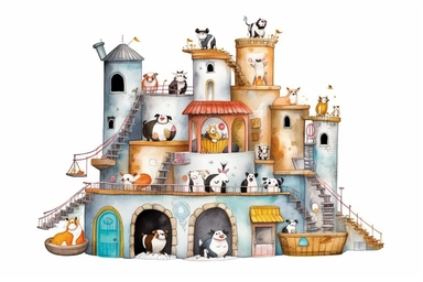 cute factory farm clipart, watercolor storybook style, HD, spaced out, isolated white background