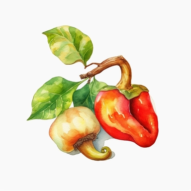 An endearing watercolorCashew Apple clipart of Cashew Apple playing with elements 300DPI