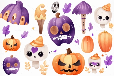 halloween clipart and stickers with skulls, pumpkins, leaves and hearts, in the style of aquarellist, playful use of texture, animated gifs, cute and quirky, candycore, light brown and purple, commission for