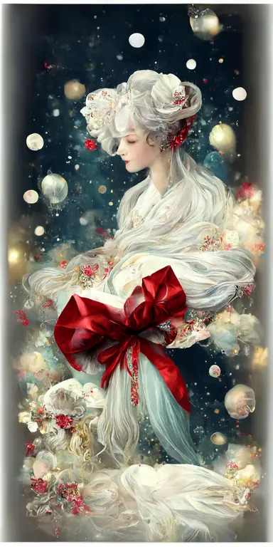 Christmas gift box, red bow, clipart, anime, christmas background, white snow, flooded with celestial starry waters, rococo style Marie Antoinette, big glass windows with billowing, floral drapery,