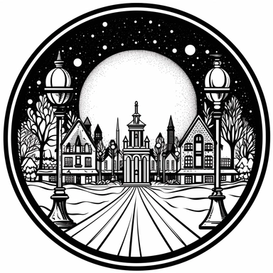 circle, art nouveau style, black lines, detailed, flat design, simple design, christmas snow globe, white background, clipart style, black and white,