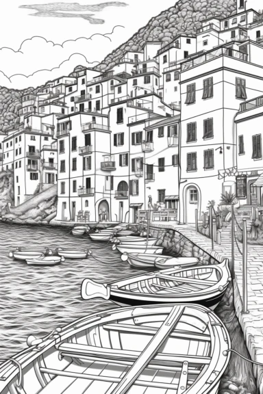 design a black and white adult coloring book page of The Cinque Terre, Italy: Five picturesque fishing villages perched along the rugged Italian Riviera, for an Amazon Adult coloring book clip art, white background, no words, no logos
