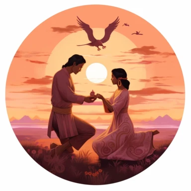 Indigenous bride and Asian groom, exchanging rings under a beautiful sunset, with a sense of peace and tranquility, earthy tones, Pixar style, Clipart on a white background.