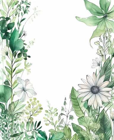 rectangle floral frame, thin border, green flowers and leaves, minimal with white space in middle, clipart, watercolor flowers, hand drawn, white background, clipart,