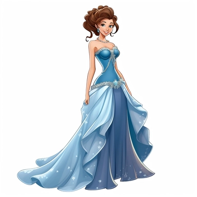 an exceptionally beautiful anime girl dressed in evening gown, smiling, highly detailed, full body image, pixar style, clipart, white background
