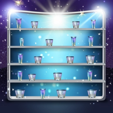 display with empty glass shelves, glitter, cartoon, clipart