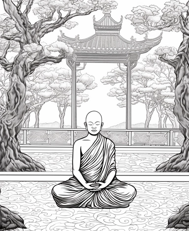 authentic full body tibetian monk meditating toward to audience, no patterns on drobe, fewer details without all shadings and buddhist temple background, the pattern must not protrude from the image, clipart, black and white, thin but strong continuous lines, must not fill with black any areas of the pattern coloring pages,only contours, only outlines