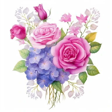 Design a dreamy watercolor clipart of a Bouquet of roses, peonies, and hydrangeas in vibrant shades of pink, purple, and blue arranged in a traditional Korean hanbok-inspired design composition, hand-painted with soft and graceful brushstrokes. Draw inspiration from the artistic finesse of Ethereal Petals Watercolors for a refined and ethereal depiction. isolated on a white background, hand-drawn illustration, hand-painted watercolor texture, 16k UHD resolution, intricately detailed, sharp focal